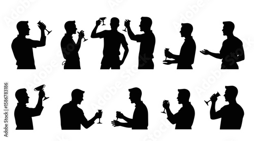 Group of men celebrating with drinks and talking in silhouette  