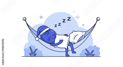 Illustration Of Cute Blue Character Sleeping Peacefully In A Hammock Outdoors