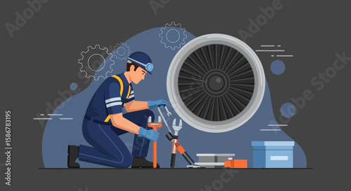 Illustration Of Aircraft Mechanic Repairing Jet Engine On Airplane Hangar