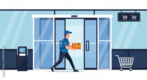 Parcel Delivery By Courier To Automated Store With Shopping Cart Signage