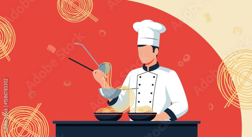 Illustrative Chef Serving Noodle Dishes With Classic Asian Culinary Aesthetics