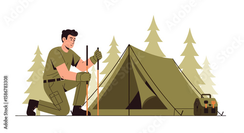 Man Sets Up A Tent For Overnight Camping Trip In The Forest Outdoors