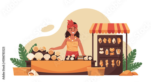Seashells Market Vendor Selling Crafts And Souvenirs On Vacation Destination
