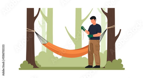 Man Setting Up Hammock Between Two Trees For Outdoor Relaxation Scene