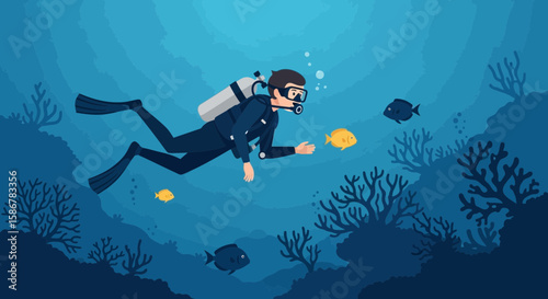 Man Scuba Diving Exploring Ocean Reef Discovering Marine Life And Observing Underwater Ecosystem