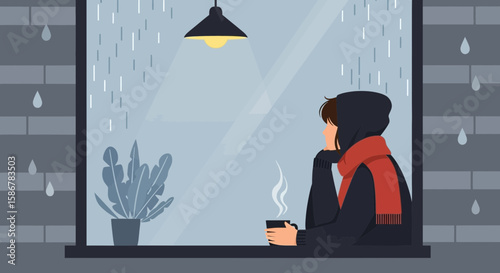 Rainy Day Contemplation Woman Looking Through Window With Warm Drink