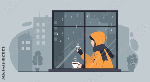Rainy Day Solitude Person Enjoying Warm Drink By The Window Comfort Concept