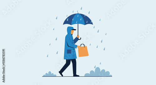 Rainy Day Stroll Person Under Umbrella With Shopping Bag