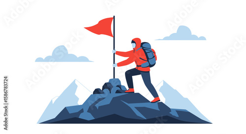 Reaching Mountain Peak With Flag For Success And Challenge Achievement