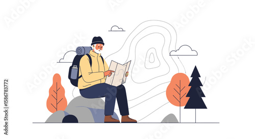 Senior Hiker Consulting Topographical Map During Wilderness Trek Adventure
