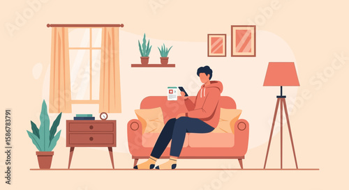 Man Sitting On Sofa Checking Mobile Phone At Home Living Room Illustration