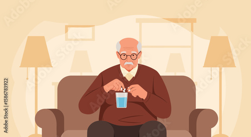 Senior Man Taking Medication With Water At Home In A Cozy Scene