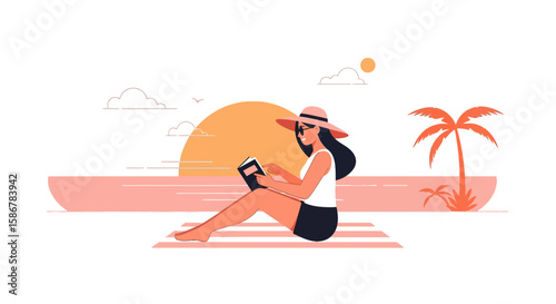 Serene Beach Reading Woman Enjoying Summer Vacation Relaxing With Book Seaside
