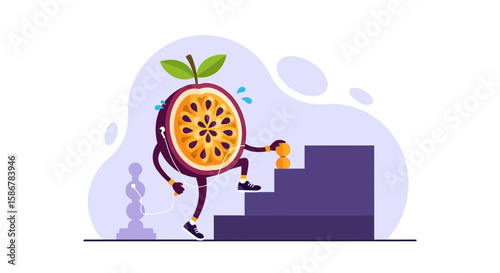 Passion Fruit Character Climbing Stairs For Fitness And Healthy Lifestyle