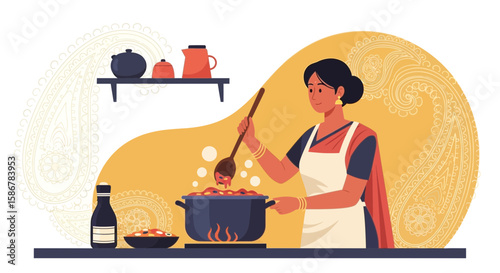 Indian Woman Preparing Traditional Meal At Home Kitchen Colorful Illustration