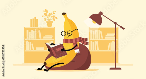 Reading Banana Cartoon Illustration For Book Lovers And Healthy Lifestyle