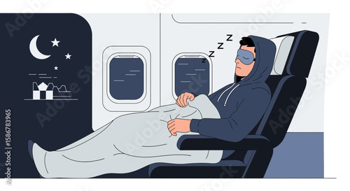 Man Sleeping Comfortably On An Airplane Traveling At Night On A Long Flight