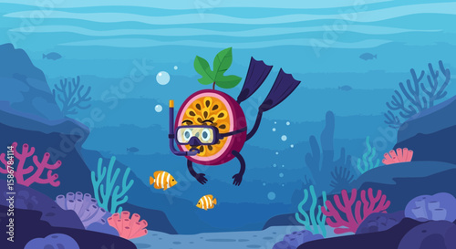 Passion Fruit Character Snorkeling In Underwater Landscape Scene Illustration