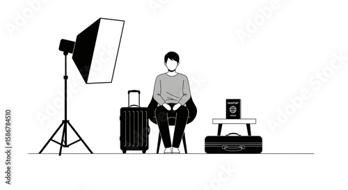 Passport Photo Session With Luggage Preparation for Travel Document and Man