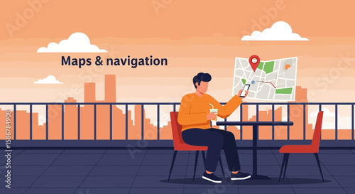 Man Uses Gps Application On Mobile While Relaxing Outdoors Cafe Terrace
