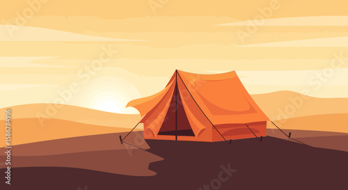 Peaceful Camping Adventure During Dusk In The Desert Sand Hills Landscape