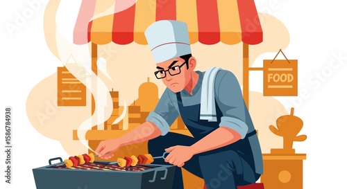 Serious Chef Grilling Delicious Skewers at a Bustling Food Stall