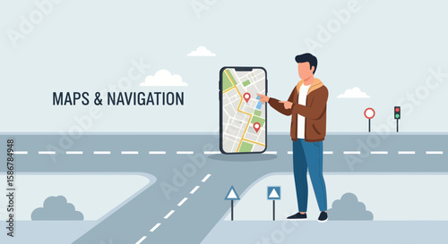 Man Uses Mobile Navigation App For Discovering Routes And Locations Near City