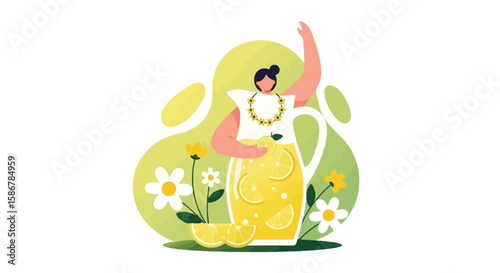 Refreshing Lemonade Beverage Surrounded By A Woman And Floral Elements