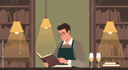 Peaceful Evening At Home Man Reading With Wine In Cozy Library