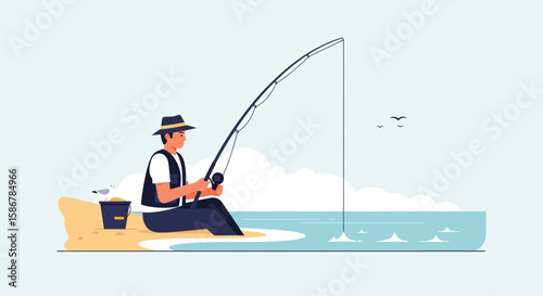Peaceful Fishing Scene On The Beach With Man And Seagull Cartoon Illustration