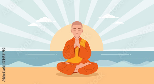 Peaceful Monk Meditating on Beach with Sunlight Serenity and Spiritual Harmony