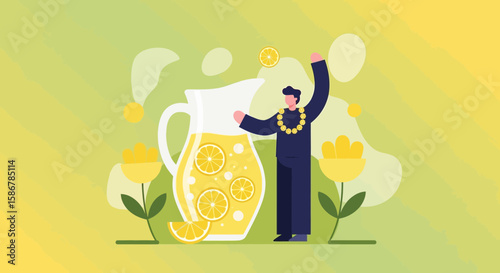 Refreshing Lemonade Illustration Featuring a Man Tossing a Lemon Slice in Summertime