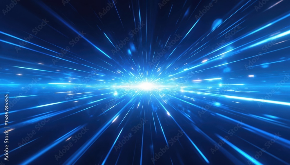 Fototapeta premium Abstract blue gradient background with glowing light rays suggesting futuristic CG motion. Experience digital speed, advanced technology with bright light lines creating sense of cyberspace, dynamic