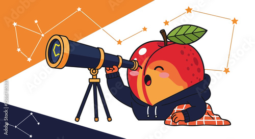 Peach Character Exploring Constellations With Telescope Discovering New Horizons