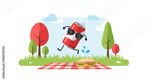 Refreshing Soda Can Having Fun On Picnic Blanket With Tasty Sandwich Illustration