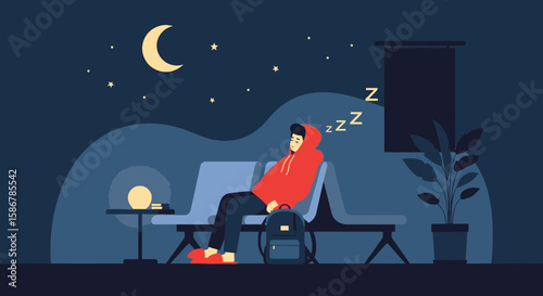 Sleepless Night At The Airport Young Tired Man Sleeping Waiting For Flight