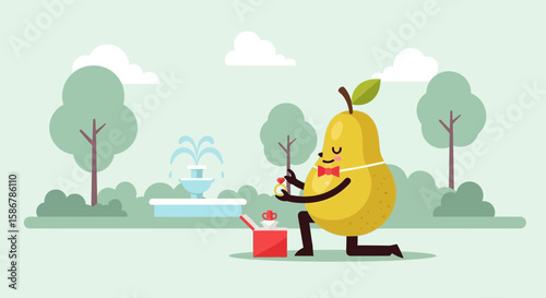 Pear Proposing In Park: Cartoon Fruit Character With Engagement Ring And Gift Box