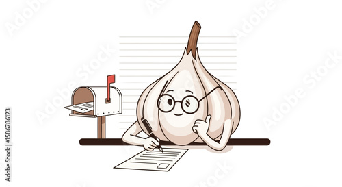 Smart Garlic Character Writes a Letter and Gives a Thumbs Up Gesture Illustration