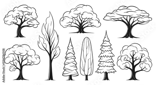 Diverse Black and White Tree Illustrations Set