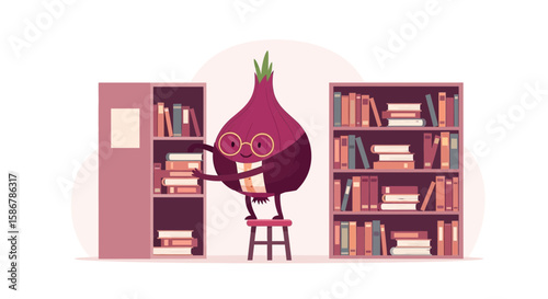 Smart Onion In Library Arranging Books On Shelf Cute Education Concept