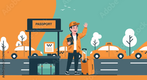 International Travel Concept with Passenger Seeking a Taxi at the Airport Arrival Zone