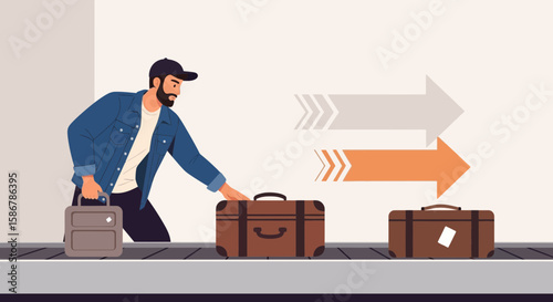 Man Waiting For Luggage At The Airport Baggage Claim Area Illustration