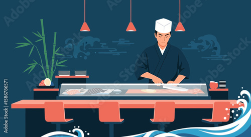 Japanese Chef Preparing Sushi At The Counter In A Restaurant With Decorative Elements