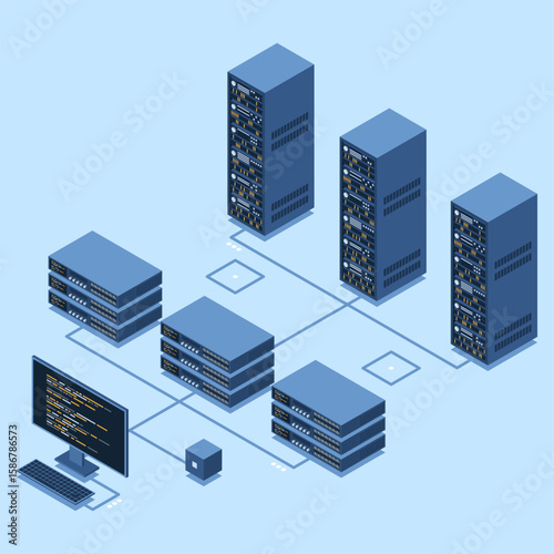 Isometric monitoring big data storage. Data transmission technology. Online hosting technology concept. Isometric technology