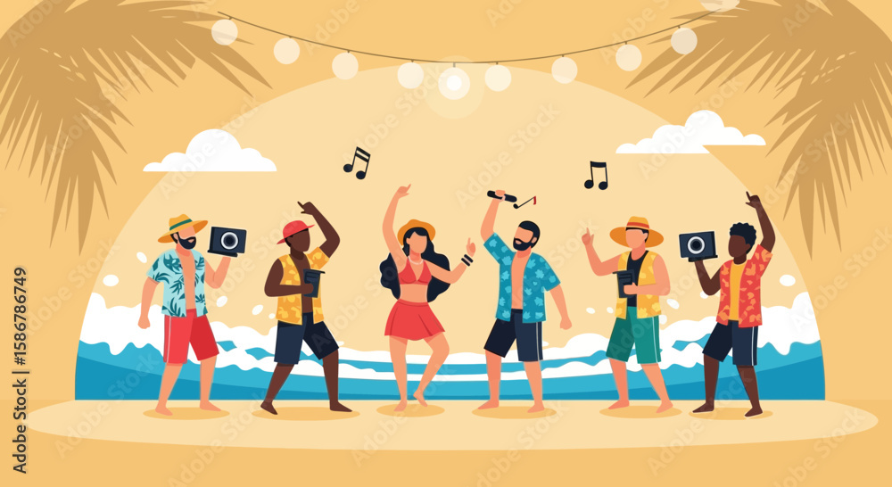 Fototapeta premium Joyful Beach Party Scene With Diverse Friends Enjoying Tropical Summer Vacation