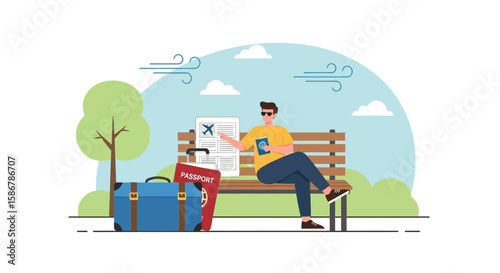 Relaxed Traveler Waiting For Departure With Suitcase And Passport Illustration
