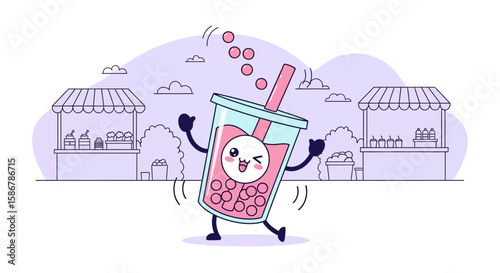 Joyful Boba Tea Mascot Dancing At The Street Market Cartoon Illustration