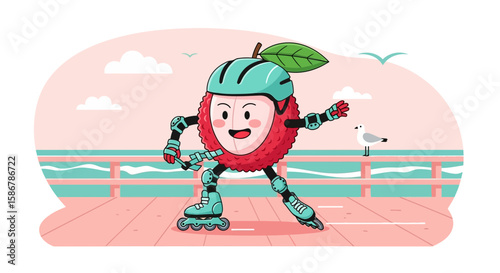 Smiling Lychee Character Enjoying Roller Skating Outdoors by the Seaside Cartoon