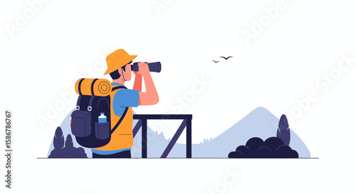 Man With Backpack Looking Through Binoculars Overlooking Distant Mountains