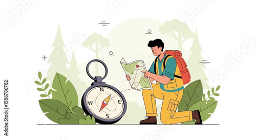 Man With Backpack Navigating Wilderness With Compass And Map Adventure